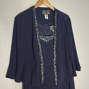 NEW Alex Evenings Blue Rhinestone 2 Piece Jacket Maxi Dress Formal MOB Wedding